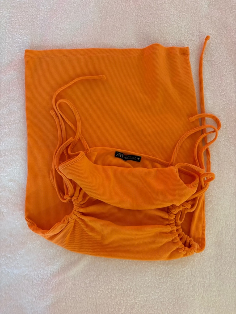Zara Bright Orange Ribbed Ruched Mini Dress Size Small - Picture 7 of 7